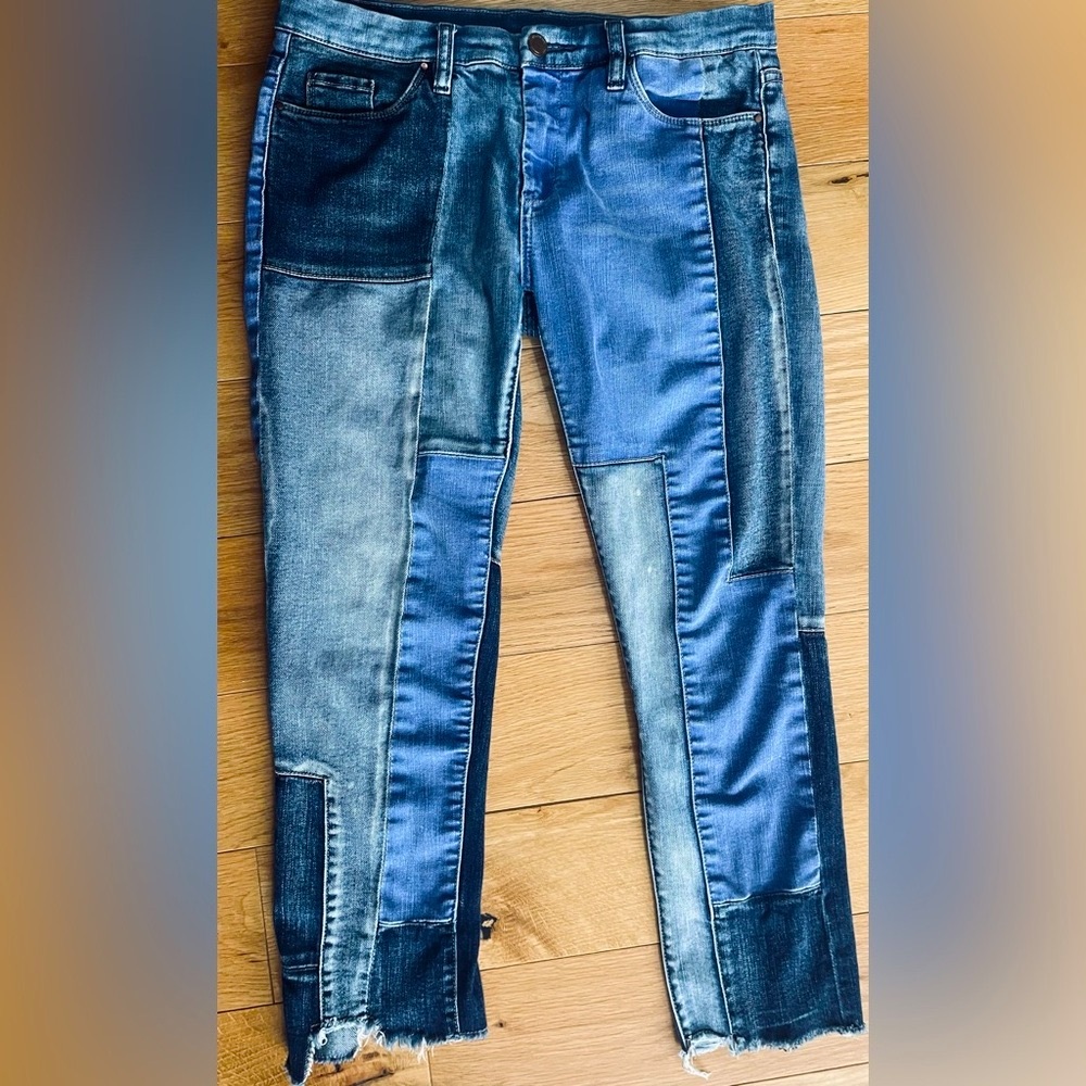 Blank NYC Colorblock Denim Jeans in Tetris Raw Hem Patches Cropped Mid Rise